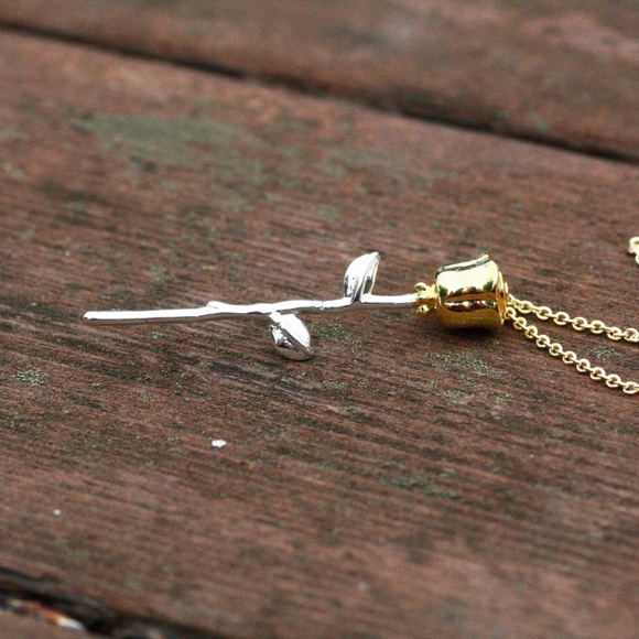 Romantic Two Tone Rose Flower Pendant Sterling Silver 925 , Flower Necklace - Picture 8 of 10